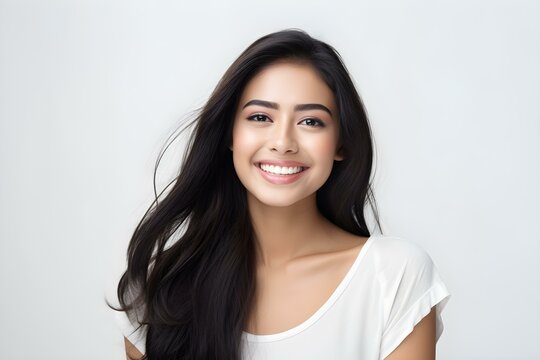 Young Asian Indian model with a captivating smile perfect teeth and white background. Concept Portrait Photography, Model Portfolio, Asian Beauty, Smiling Expression, White Background