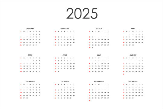 2025 Calendar. The week starts on Sunday. Vector