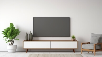 simple modern home decoration. with blank mockup tv wall mounted in a living room with grey armchair