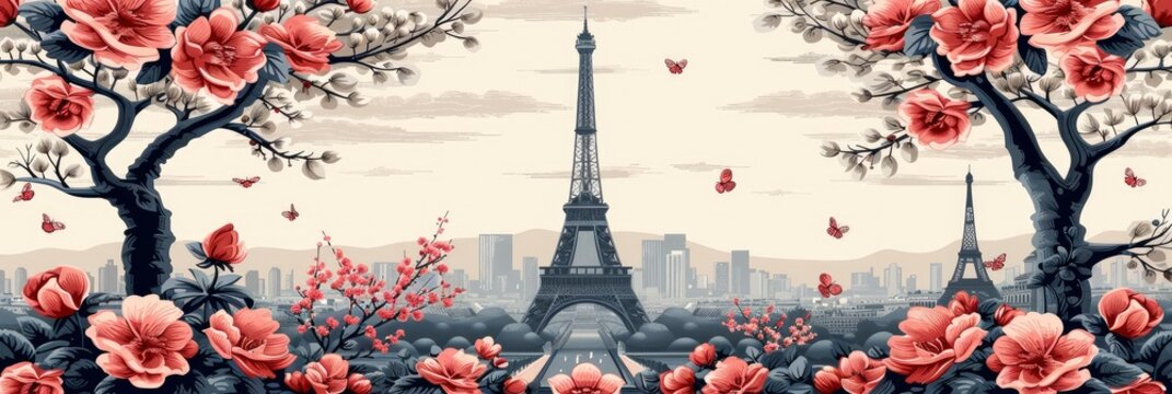 Elegant pattern of Parisian landmarks and romantic scenes, Background Image, Background For Banner