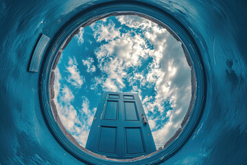 A door to nowhere suspended in the sky - obrazy, fototapety, plakaty