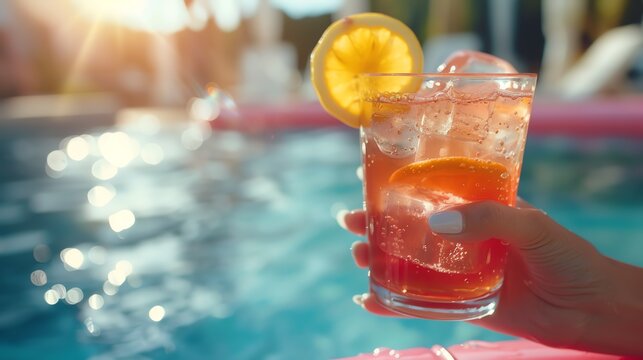 Hello summer. Woman hand holding a glass of cocktail. Ai generated image