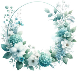 Cool Blue Floral Wreath Design for Elegant Invitations isolated on solid white background : overlay texture with copy space