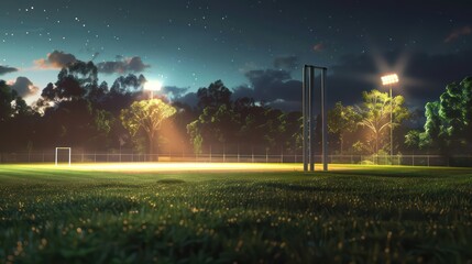 Cricket field at night with lights and neon fog cricket world cup