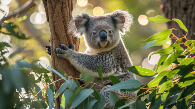 A koala with eucalyptus leaves in its paws