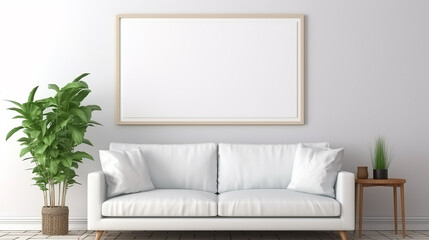 simple modern style. white sofa with blank mockup empty poster frame in living room interior.
