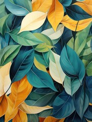 This painting features a striking combination of yellow and green leaves, creating a lively and colorful composition suitable for adding a pop of nature to any room.