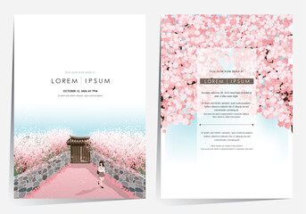 Vector Illustration of a Woman walking Alone on a Tranquil Country Path with Abundant Cherry Blossoms. Template Designs for Stationery, Cards, Notes, Posters, and Book Covers - 739987597