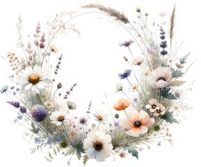 Pastel Wildflower Wreath on Black Background isolated on solid white background : overlay texture with copy space
