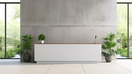 blank white reception desk in concrete office