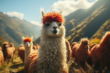 a group of alpacas grazing on a picturesque mountainside. - obrazy, fototapety, plakaty