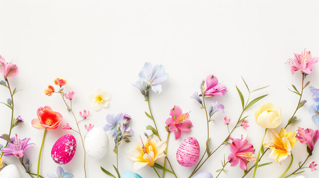 Easter eggs and a vibrant line of spring flowers on white background
