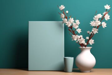 a white vase with white flowers in it next to a white canvas