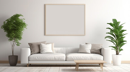 empty mockup poster in white wall modern living room interior