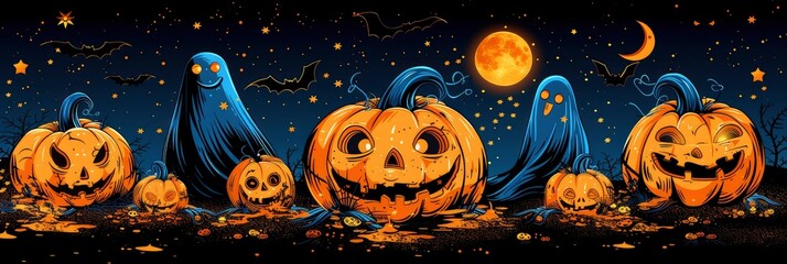 Halloween pattern with pumpkins, ghosts, and bats, Background Image, Background For Banner