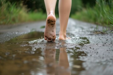 bare feet of a person walking through a shallow puddle