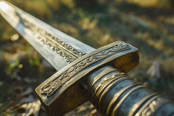 Close-up of a Spartan xiphos sword and its scabbard.