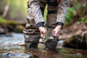 person in waders holding a trout in a creek - obrazy, fototapety, plakaty