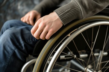 Obraz premium closeup view of mans hands on wheelchair rims
