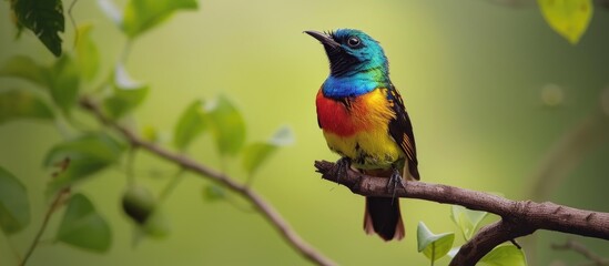 Fototapeta premium A colorful bird with vibrant plumage perches on top of a tree branch, showcasing its double vibrance and grace.