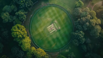 Aerial view of players, playing a game of Cricket on a Welsh Park Pitch in the summer - obrazy, fototapety, plakaty