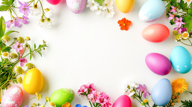 Easter eggs frame and a vibrant line of spring flowers on white background
