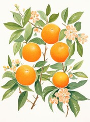 A colorful painting featuring ripe oranges with green leaves and blooming flowers, creating a lively and vibrant composition.