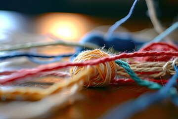 view of tangled threads on a sewing table