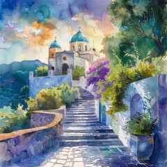 Watercolor rendition of a peaceful monastery a spiritual retreat