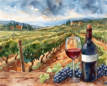 Wine and vineyards in watercolor the rich hues of the vine