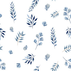 Watercolor floral background. Seamless pattern with delicate leaves in pastel blue colors. Hand drawn botanical wallpaper