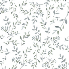 Watercolor floral background. Seamless pattern with delicate leaves in pastel green colors. Hand drawn botanical wallpaper