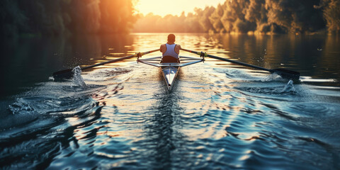 Team or individual sport involving propelling a boat through water using oars. copy space - obrazy, fototapety, plakaty