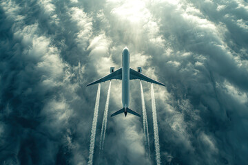 aerial view of a commercial aircraft leaving trails above the clouds - obrazy, fototapety, plakaty