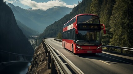 The latest sophisticated bus crosses the flyover between high mountains - obrazy, fototapety, plakaty