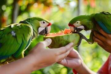 parrots feeding on a papaya held by a local villager - obrazy, fototapety, plakaty