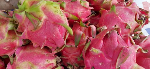 Dragon fruit or Pitaya or Buah naga (Hylocereus undatus) in market