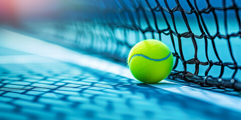a tennis ball next to the net of the blue tennis court - obrazy, fototapety, plakaty