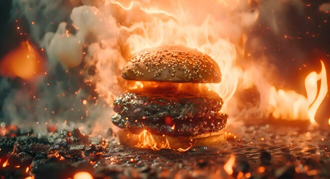 Fire hamburger Grilling meat to make delicious burgers