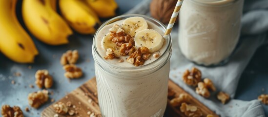 A glass jar filled with a collagen-enriched plant-based smoothie made from bananas, walnuts, and creamy coconut milk. - obrazy, fototapety, plakaty
