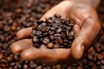 Hands gently holding heap of freshly roasted coffee beans close up representation of rich aroma and deep flavor of espresso showcasing natural beauty and texture of seeds