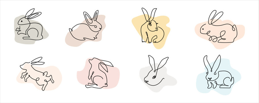 Set of Easter bunny in simple one line style. Colored Rabbit icon. Continuous line drawing of easter rabbit black and white minimalist hand drawn vector illustration. Isolated on white background.