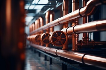 Copper pipeline representing heating system in a boiler room. Concept Pipe insulation, Central heating systems, Energy efficiency, Boiler maintenance - obrazy, fototapety, plakaty