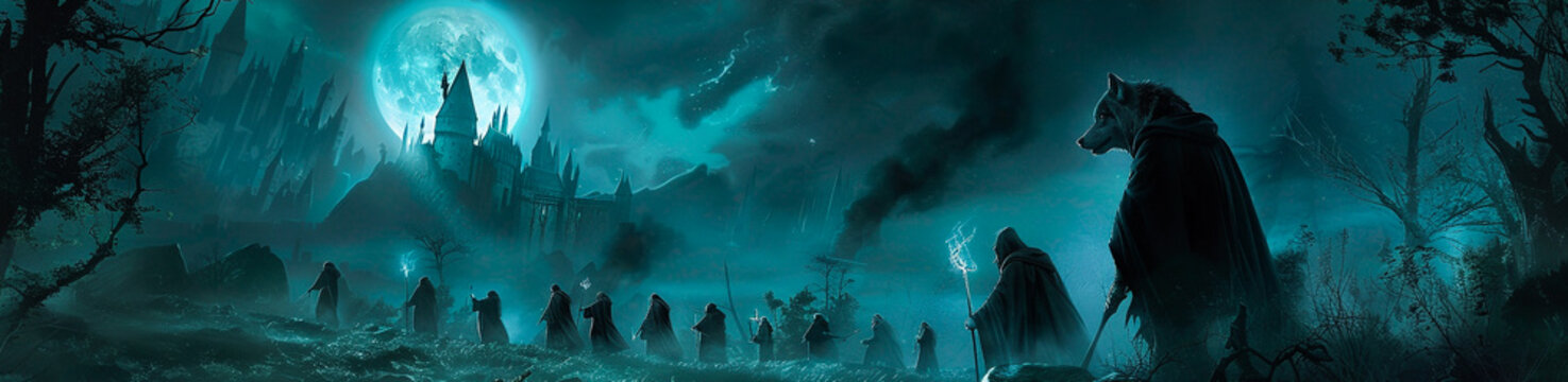 A lone wolf howling spells into the night as wand wielding figures prepare for a battle against dark vampires