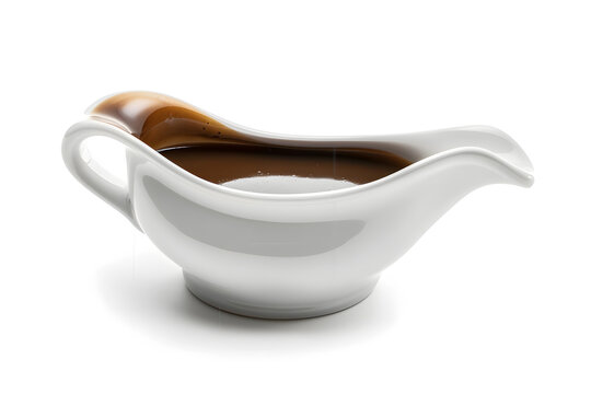 Ceramic gravy boat with sauce on white background