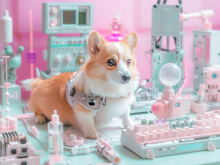 Corgi cyborg amidst pastel science equipment illustrating the blend of cute and cutting edge technology