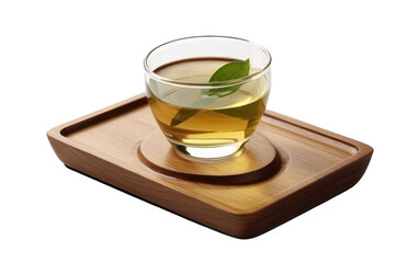 A glass filled with tea sits on a wooden tray. Isolated on a Transparent Background PNG.