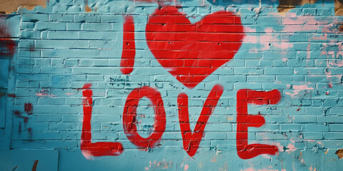 write I LOVE in red letters with a heart on a blue brick wall