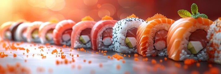 Fototapeta na wymiar Realistic pattern of assorted sushi rolls and Japanese cuisine, Background Image, Background For Banner
