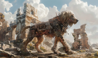 Iron and cyborg elements infused with a poodle exploring ancient ruins blending the past with futuristic tech
